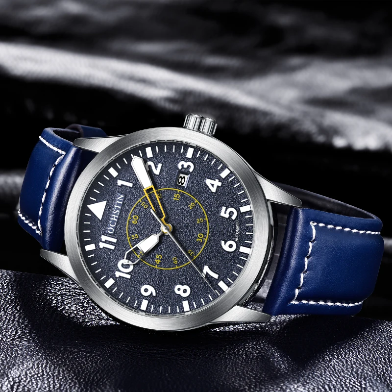 Vintage Style Pilot Men Watch Automatic Mechanical Classic Design Auto Date Display Leather Strap Male Leisure Sport Wristwatch