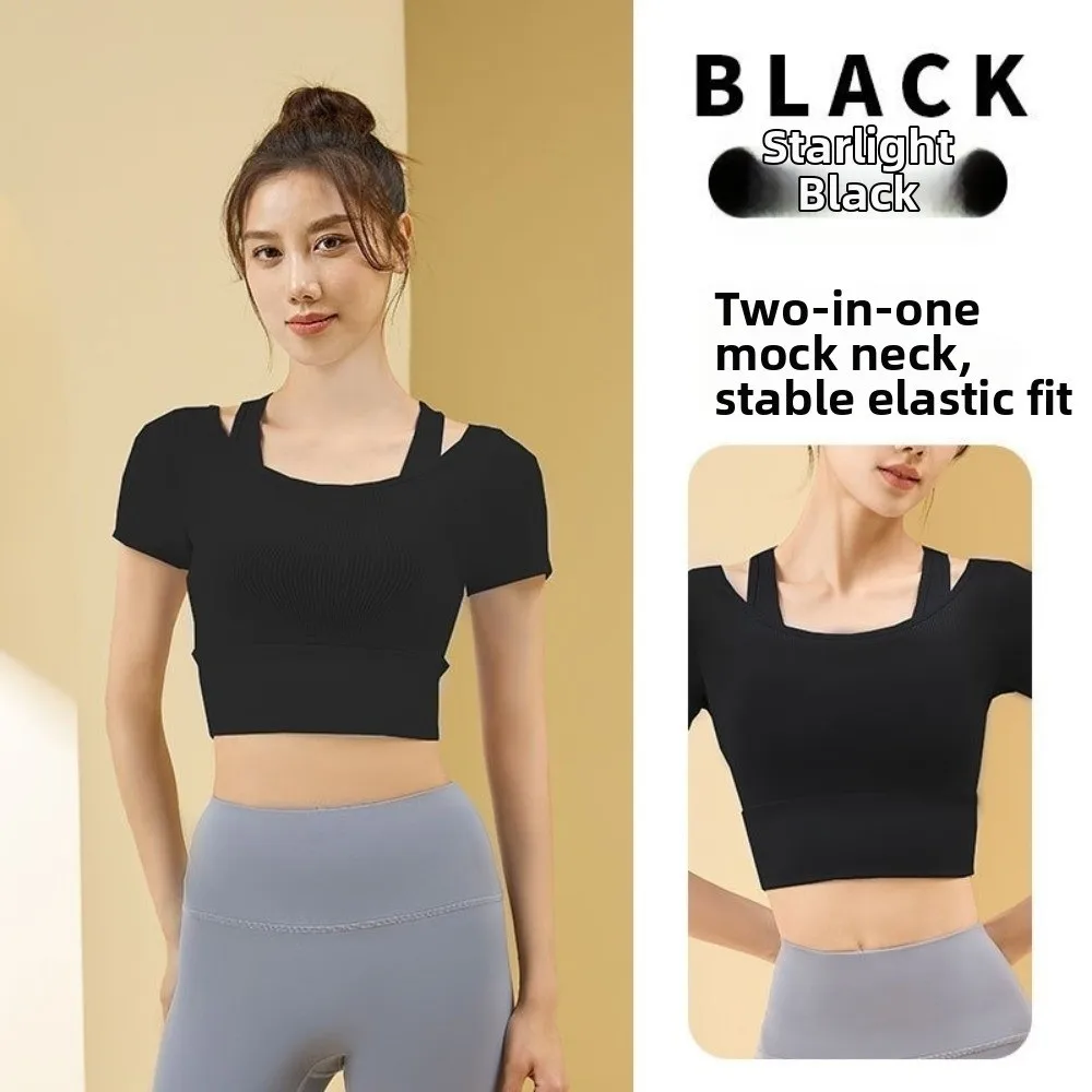 

Fake Two Pieces Short Sleeve Women Yoga Shirts Fake 2 Pieces Mesh Sports Tees Padded Crop Top Gym Tops Yoga