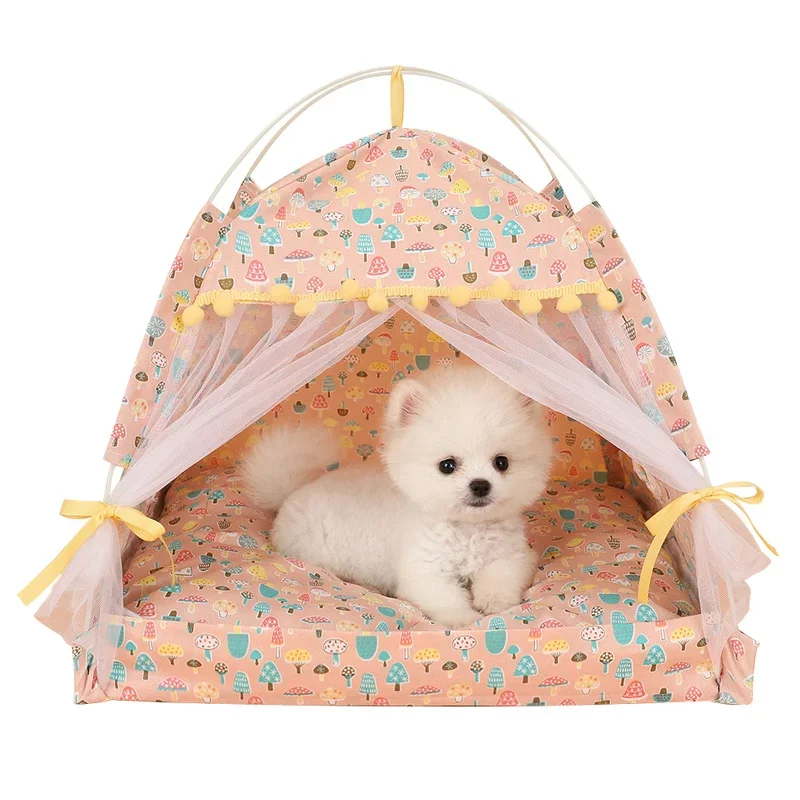 Pet Dog Tent Portable Cute Pattern Cat House Pet Small Dog Bed Breathable Thick Cushion Pet Hut Outdoor Indoor Pet Bed Supplies