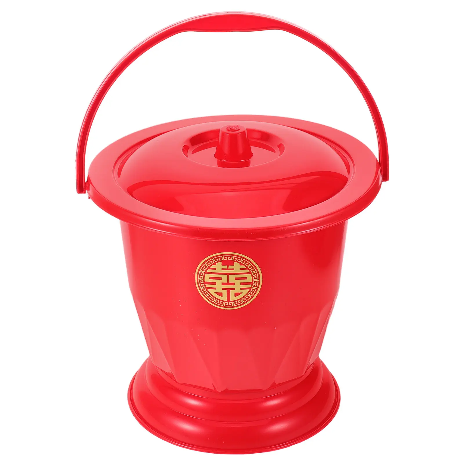 Red Festive Chinese Wedding Spittoon Handheld Plastic Chamber Pot with Lid Portable Bedside Urinal for Women Elderly Home Care