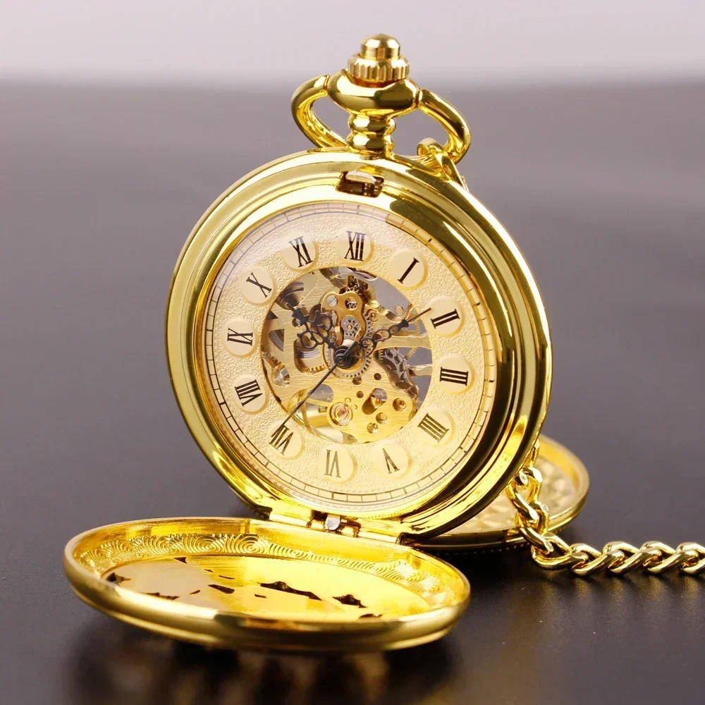 Reloj de bolsillo mecánico con diseño de ciervo hueco dorado de lujo, reloj Fob Steampunk de doble cara Vintage, reloj de collar para hombre y mujer