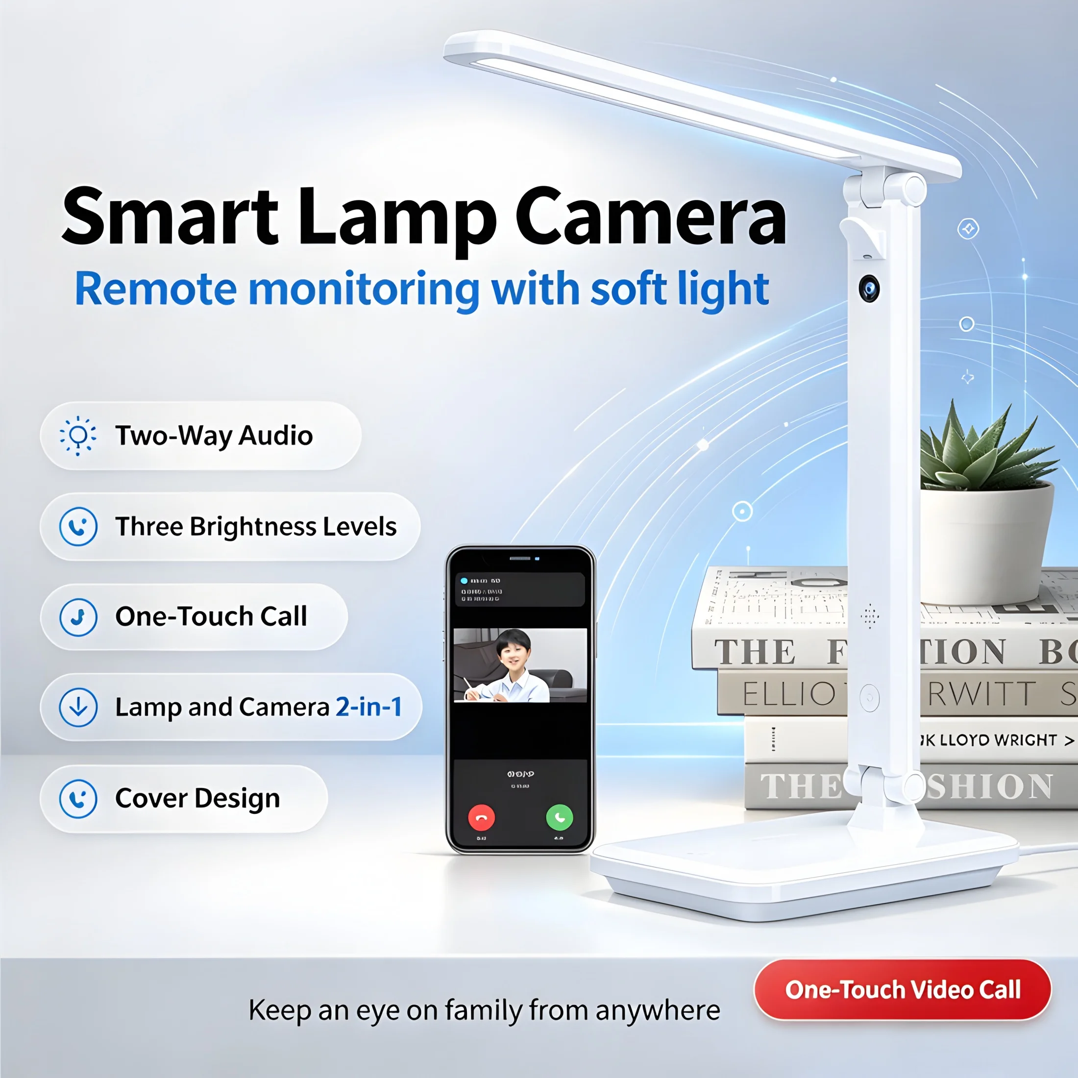 Smart Desk Lamp Camera 2-in-1 1080P HD Remote Viewing LED Desk Light for Learning with Two-Way Audio And One-Click Video Call