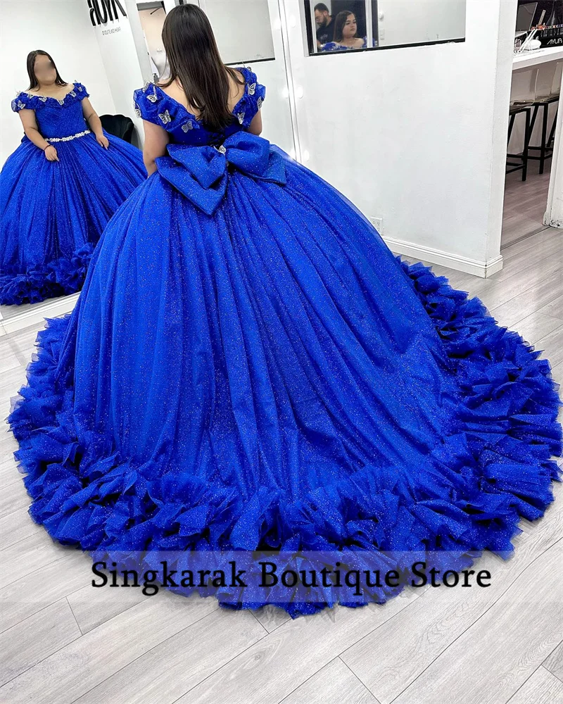 Glitter Royal Blue Butterfly Ball Gown Quinceanera Dresses With Bow Beads Rhinestones Appliques Birthday Party Sweet 16 Dress