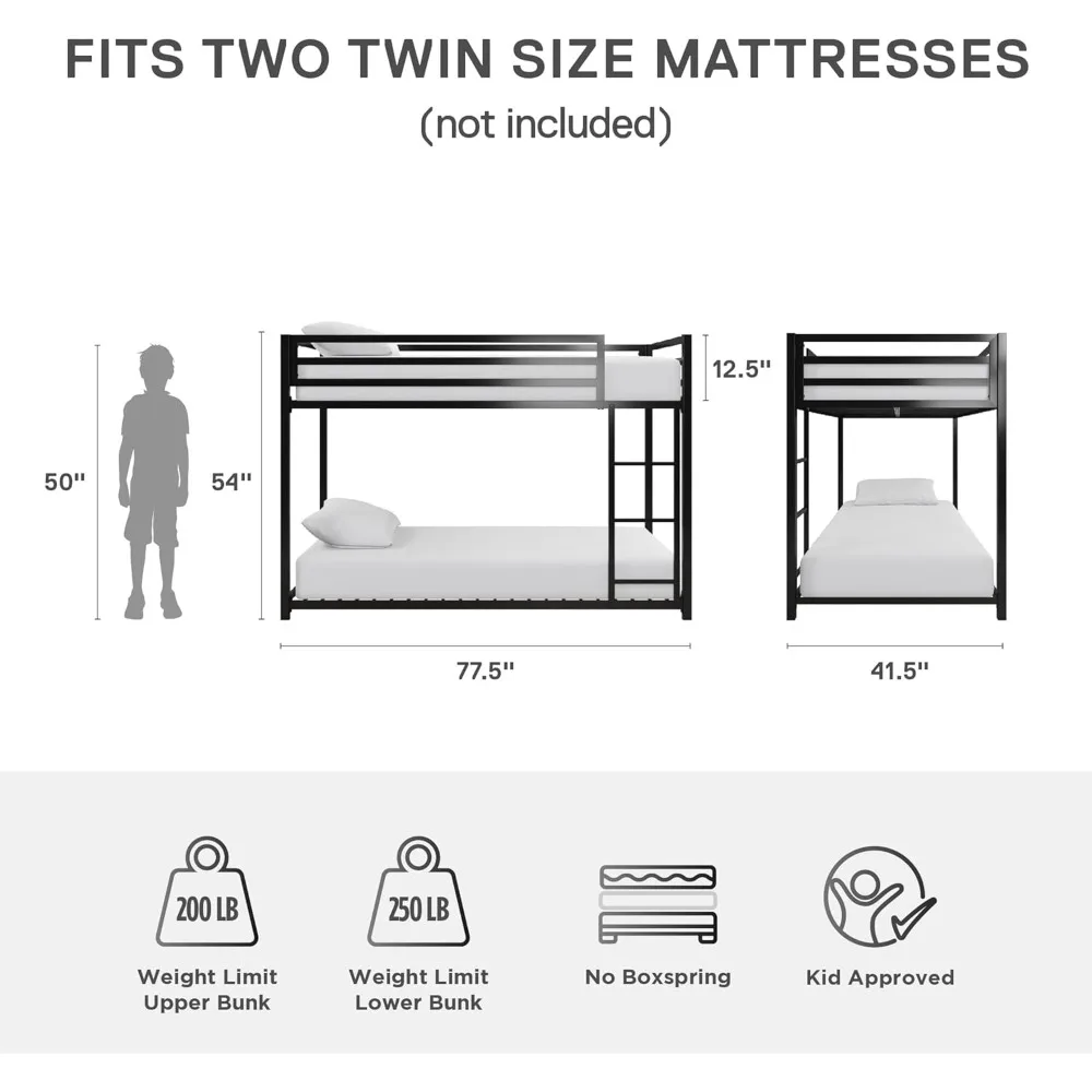 Metal Bunk Bed Frame for Kids, With Built-in Ladder, High Guardrail and Metal Slats, Floor Bed Bottom Bunk, No Boxspring