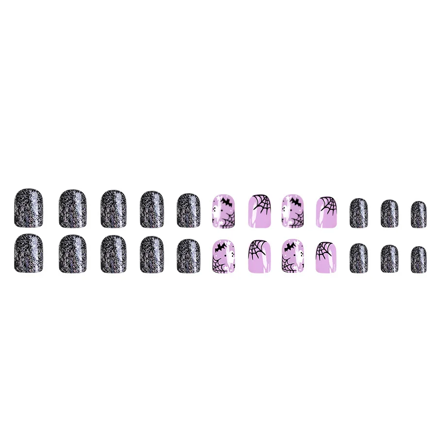 24Pcs Short Oval Halloween Press on Nails Black Spider Web Bat Fake Nail Cute White Ghost Wearing Nail Art for Women and Girl