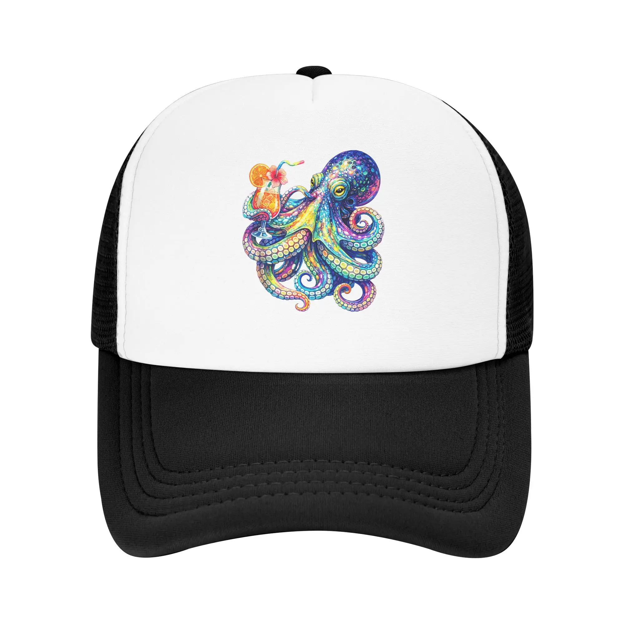 Psychedelic Octopus Cocktail Tropical Beach Art Octopus Mesh Sun Hats  Outdoor Gym Baseball Cap Unisex Fitted Retro Trucker Hat