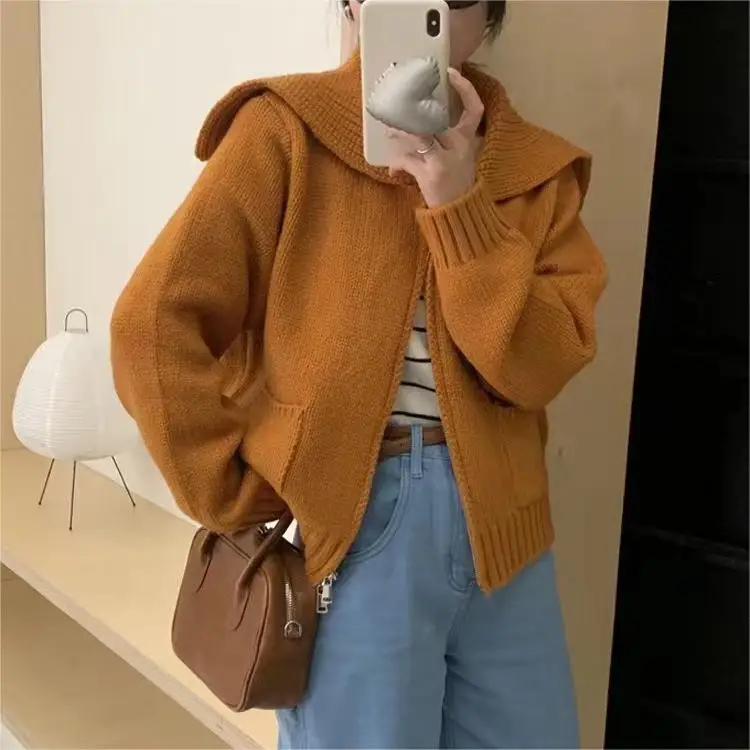 Sweaters for Women Double Zip Knit Cardigan Autumn/Winter Turn Down Collar Long Sleeve Short Knitted Sweaters Cropped Cardigan