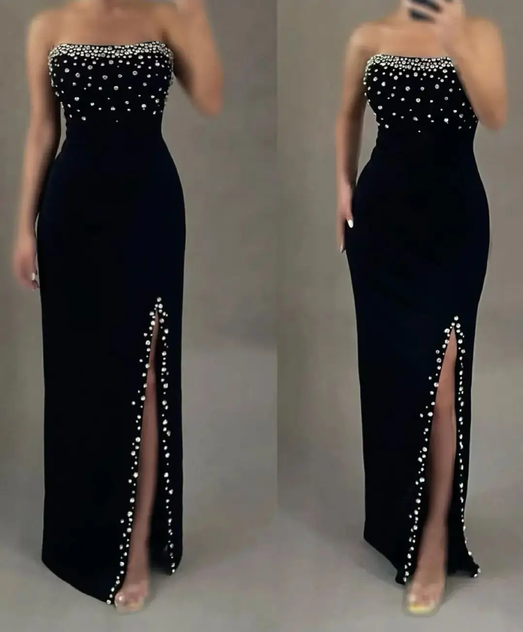 

AsaNagi Elegant Black Prom Dress Women Strapless Beaded Party Evening Dresses Floor Length customized Special Occasion Gowns