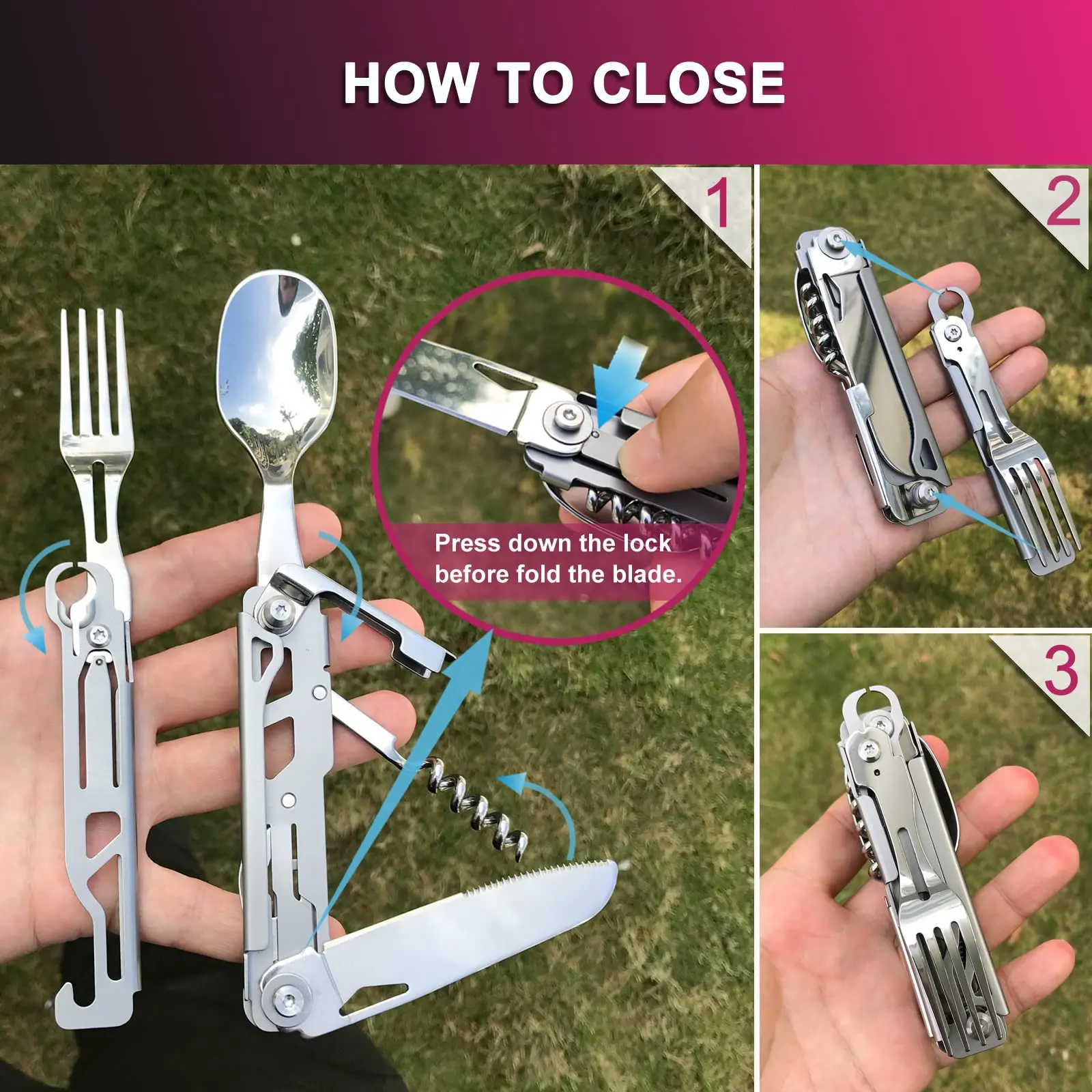 YANBIGUO 6-in-1 Detachable Camping Utensils Flatware Set-Multi-Function Travel Pocket Cutlery Folding Spoon,Knife,Bottle Opener