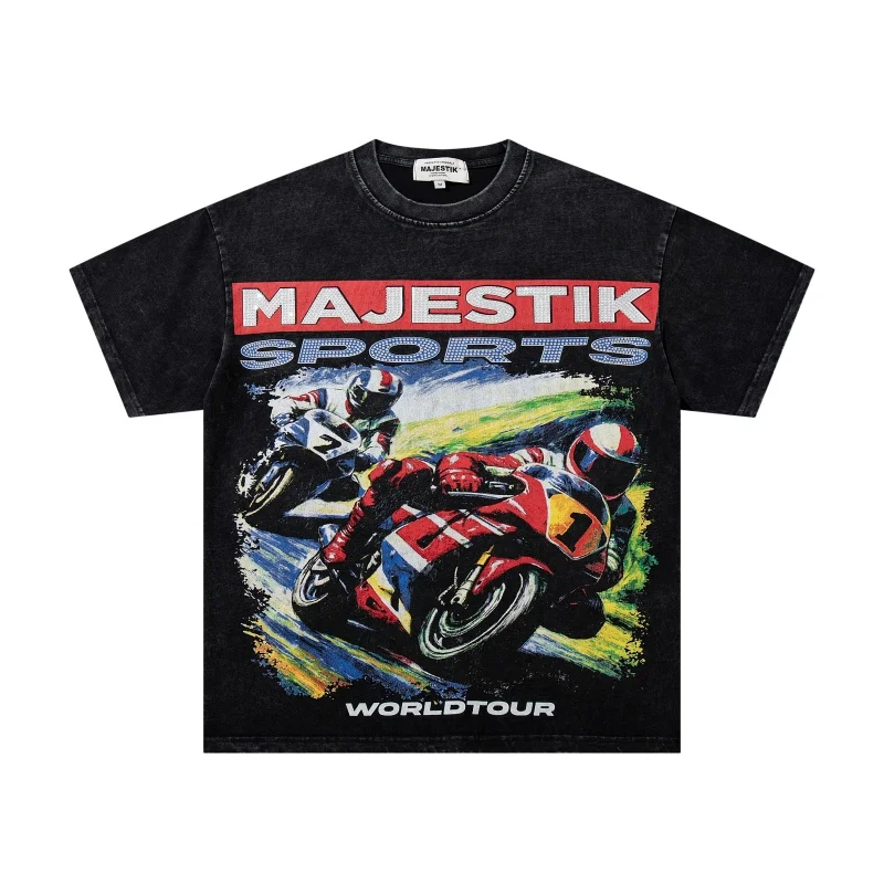 MAJESTIK Motorcycle Racing Tee Men Women Washed High-Quality Summer Loose-Fit Black Short-Sleeve T-Shirt