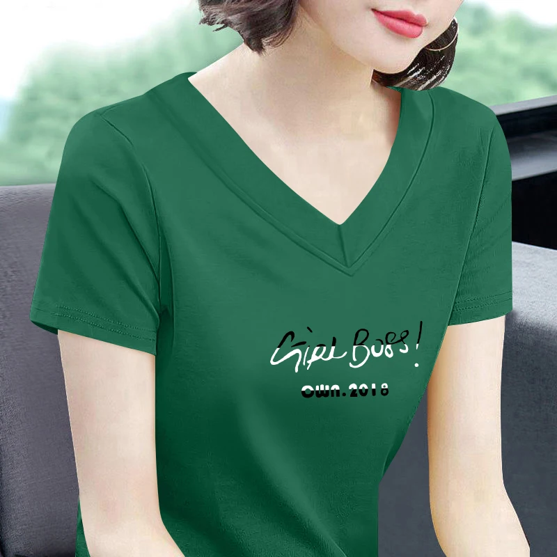 순면 또는 면 혼방 티셔츠 여성용 루즈핏 브이넥 슬림핏 패셔너블 탑 여름 신상 엄마 의류 여성 상의
