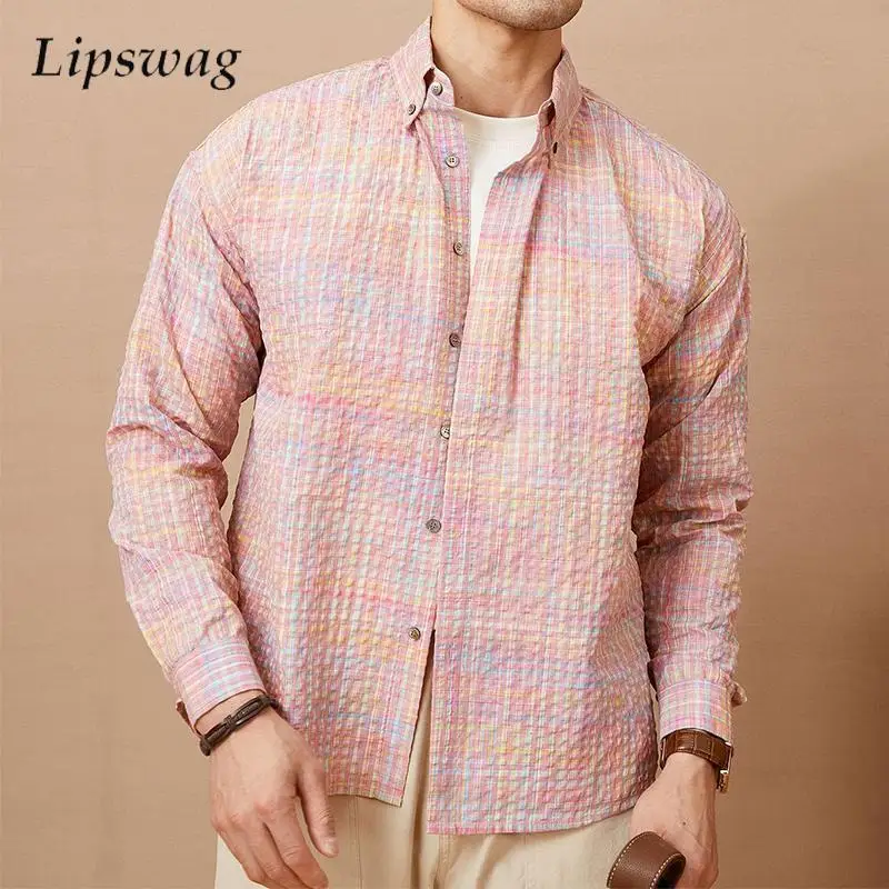 

Autumn Vintage Plaid Shirts Mens Long Sleeve Buttoned Turn-down Collar Casual Shirt Streetwear Men Clothes Fashionable Cardigans