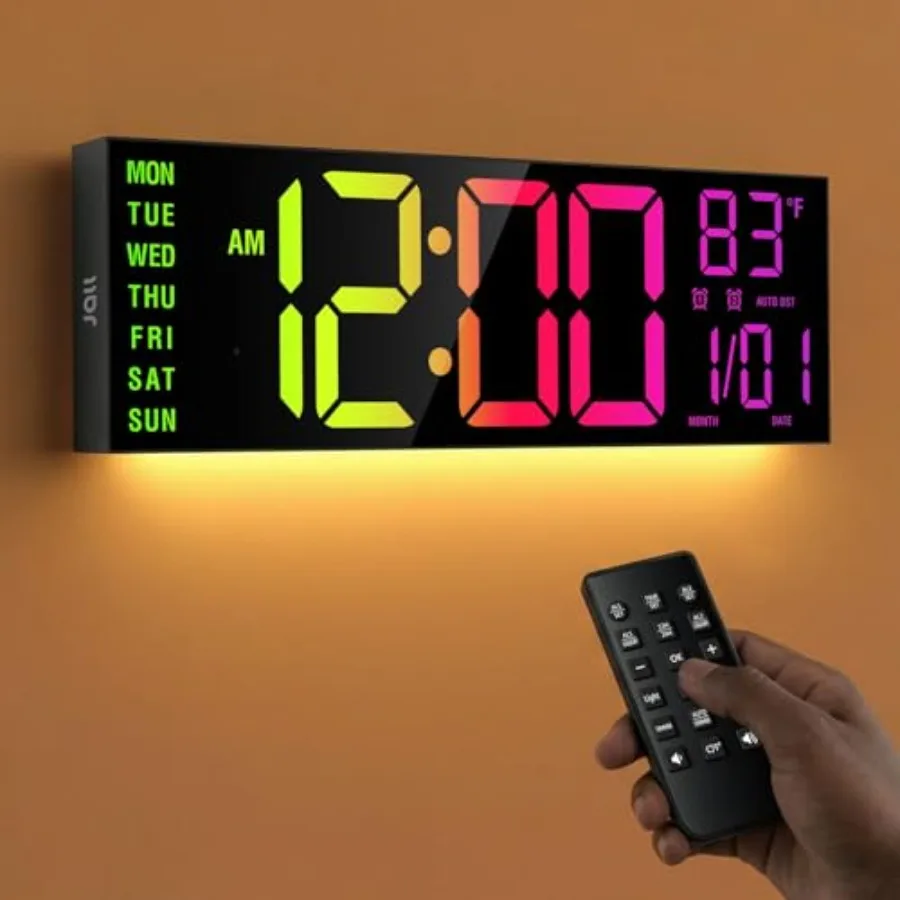 

15 Large Digital Wall Clock RGB Lights with Remote Control Dual Alarms with Big LED Display Auto DST C°/ F° Temperature for Cla