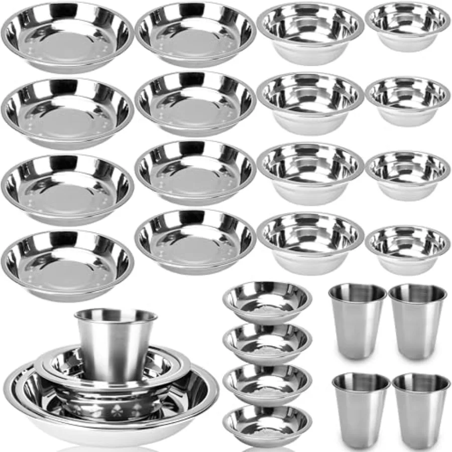 

36 Pcs Stainless Steel Plates and Bowls Cups, Camping Mess Kits Camping Tableware Set Includes Dish Bowl Cups Stainless Steel D