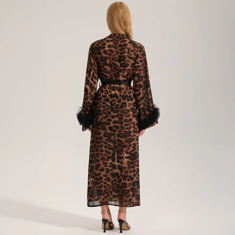 New Sexy Thin Cardigan Sleepwear for Women Summer Autumn Long Sleeved Leopard Print Morning Gown Pearl Gauze Home Wear Nightgown