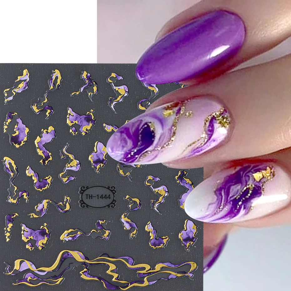 Nails Stickers Purple Blue Brown Ink Design Decals Gold Decorations Art Self-Adhesive Holographic Gel Slider Manicure Supplies