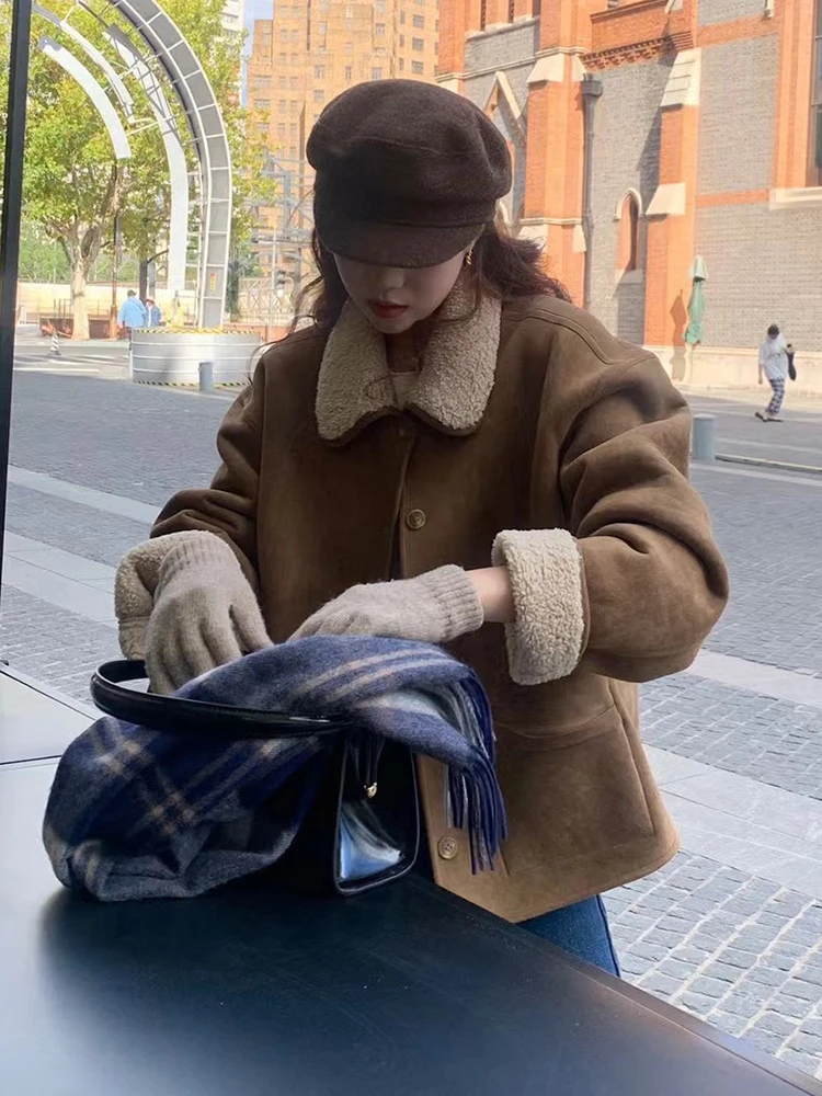 동대문 양면 착용 양털 자켓 칼라 더블 키티 따뜻한 인조 사슴 가죽 벨벳 탑 여성용 아우터웨어