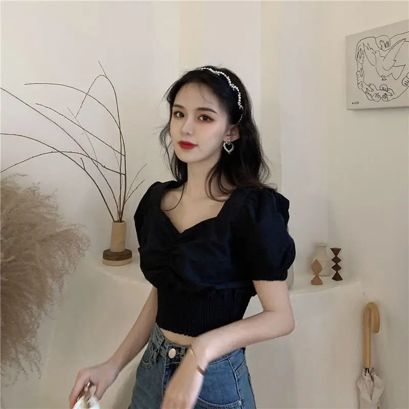

2025 Women's Korean Retro Square Neck Blouse Summer Puff Sleeve Slim Fit Short Shirt Versatile Top