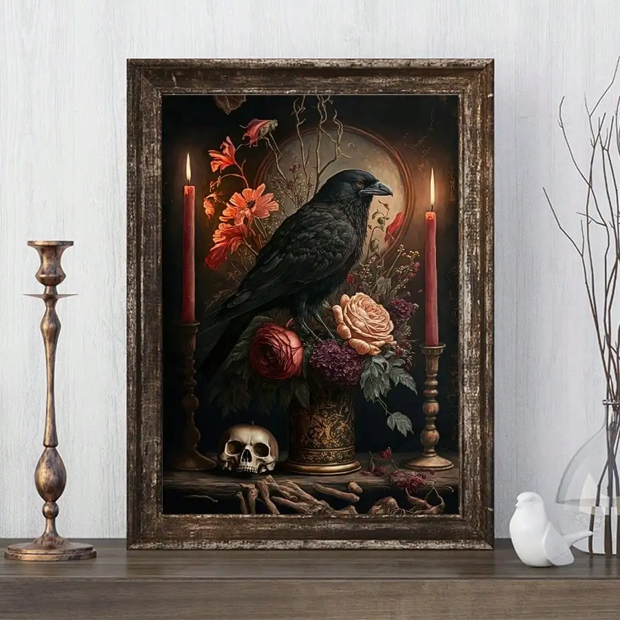 1 قطعة مجردة القوطية قماش جدار الفن |   جمجمة الغراب، طباعة الأزهار والشمعة، بدون إطار |   ديكور مثالي للمنزل #6