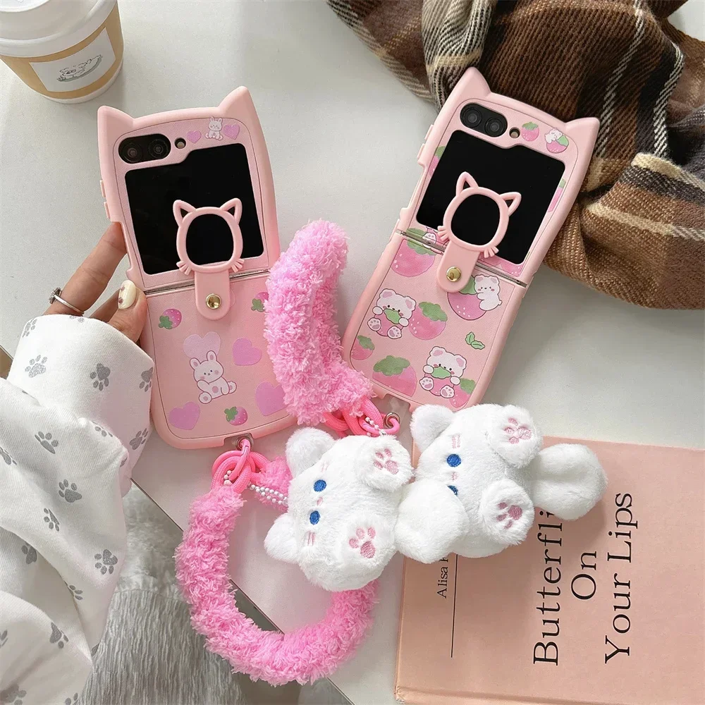 

Cartoon Strawberry Heart Bear 3D Cat Ear with Lanyard Phone Case for Samsung Galaxy Z Flip 3 4 5 6 5G PC Hard Back Cover Funda