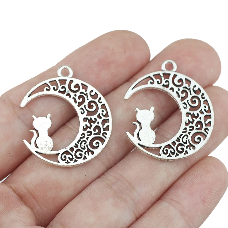 10 Pieces 25*30 mm Antique Silver Color Moon Cat Charms Hollow Pendant  For DIY Jewelry Making