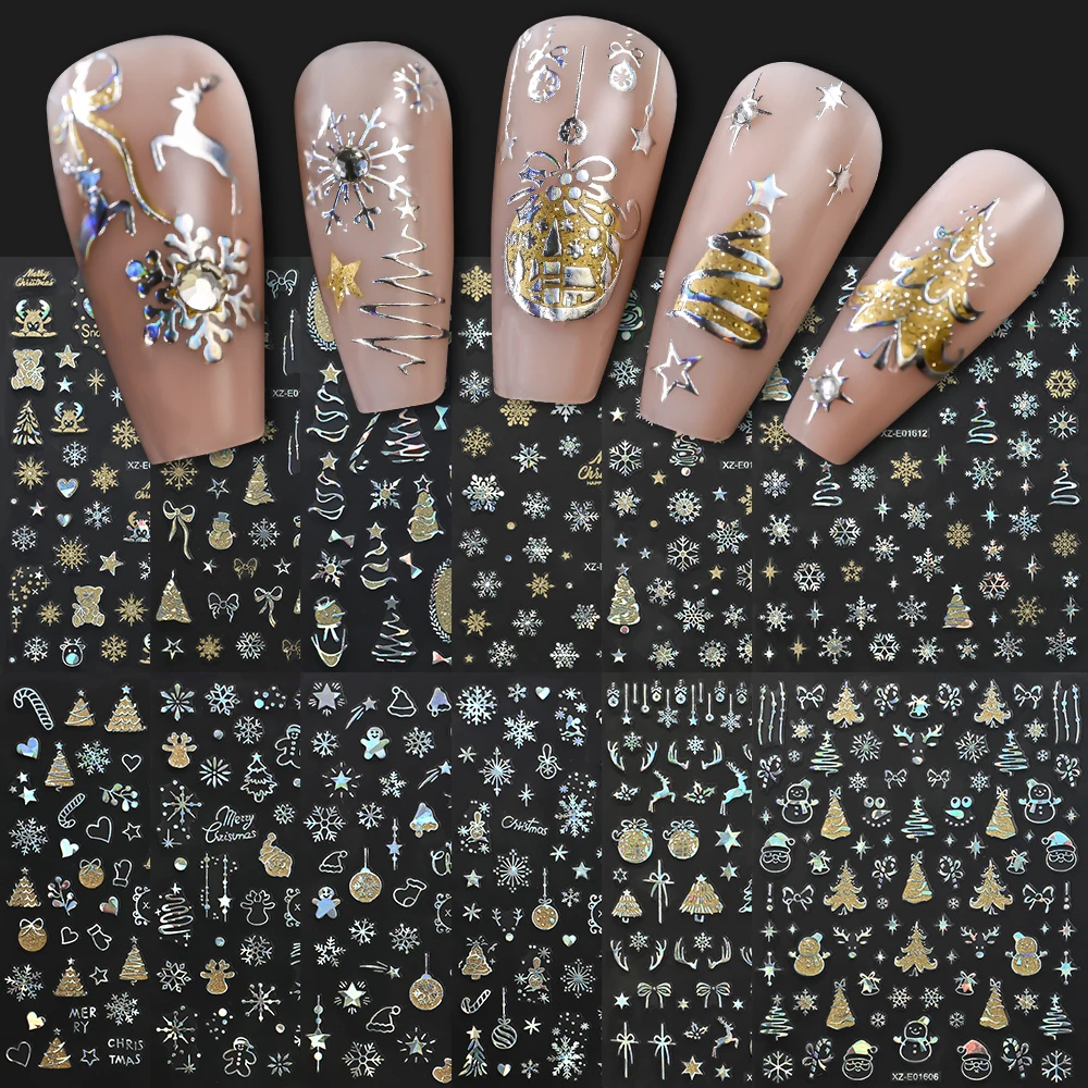 12Pcs 3D Weihnachten Nagel Aufkleber Reflektierende Glitter Weihnachten Baum Lebkuchen Schneeflocken Elch Klebe Aufkleber Neue Jahr Winter Slider