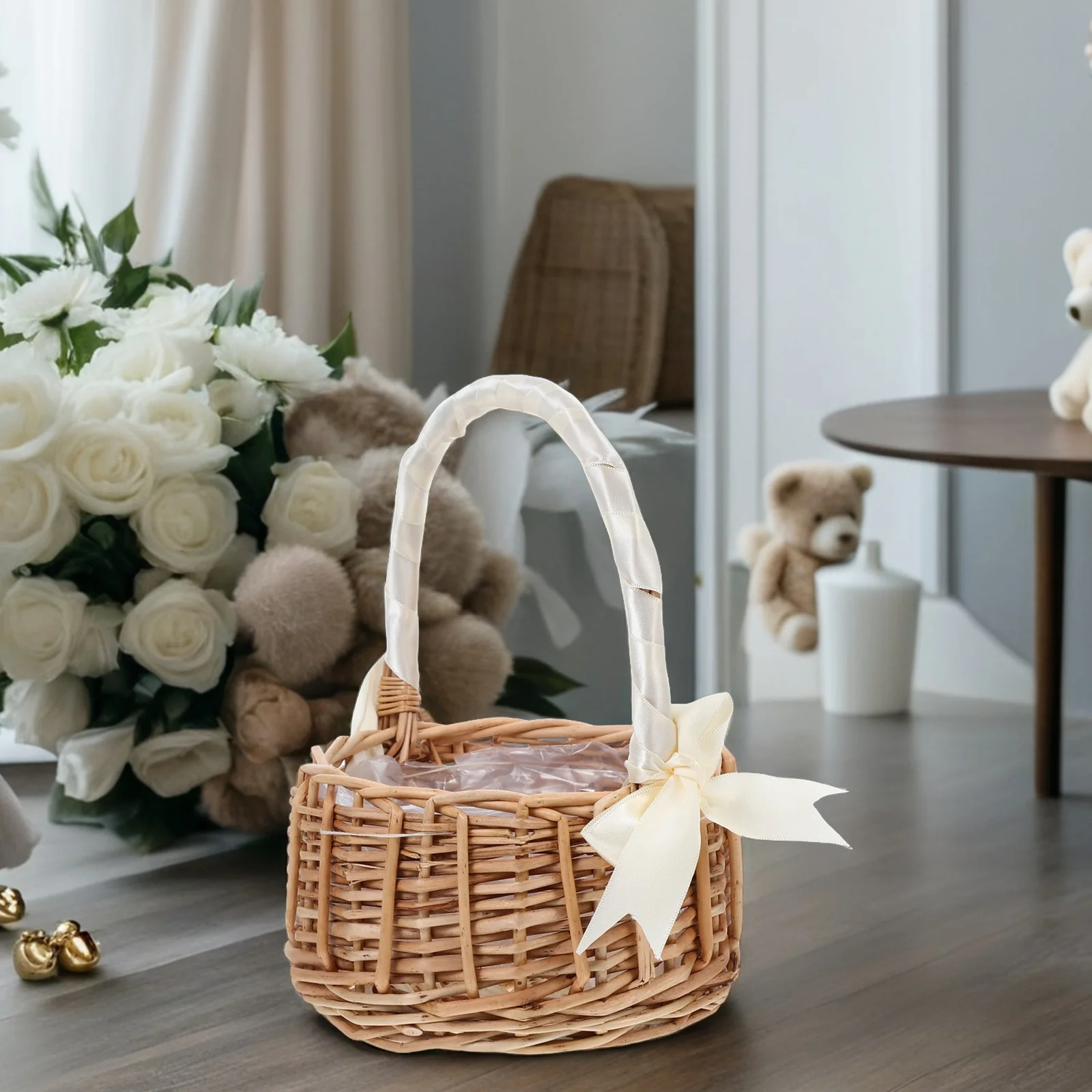 

Rustic Handwoven Wedding Flower Basket Natural Willow Beige Ribbon Bowknot Handle Ideal for Flower Petals Candy Wedding