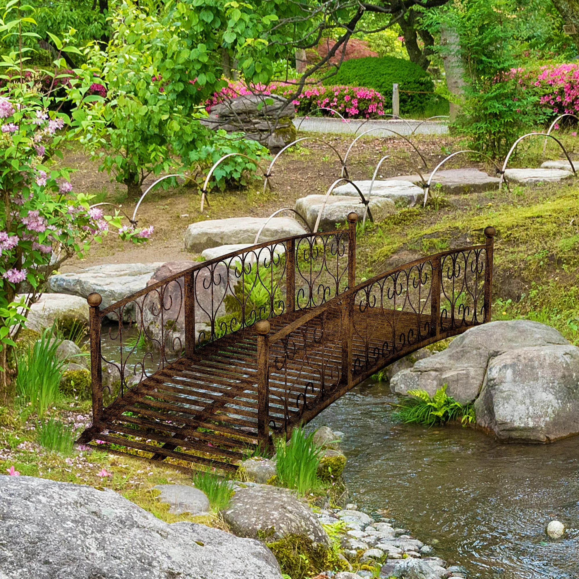 7' Metal Arch Garden Bridge with Siderails, Arc Footbridge, Bronze