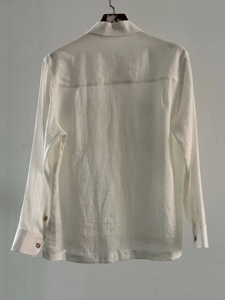 Summer Mens Breathable 100% Linen Long Sleeve Shirt Tops Single Breasted Lapel Collar Business Work Shirts Comfortable Beach Top