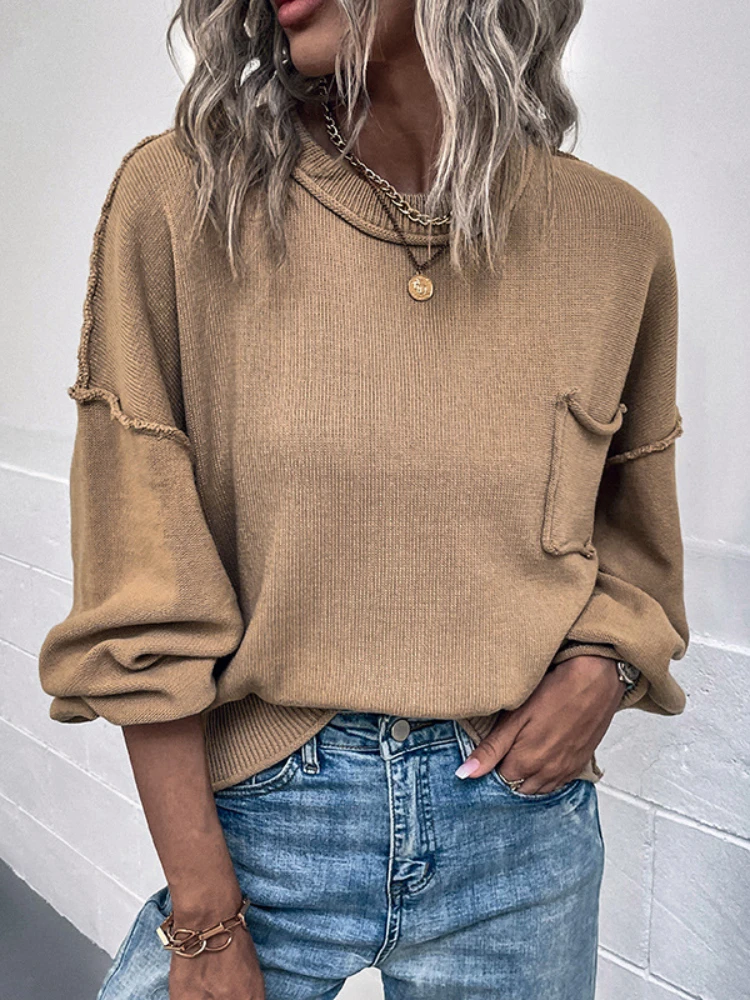 

Women Autumn Winter Knitted Sweater Tops Casual Long Sleeve Oversize O-Neck Pocket Pullovers Female Loose Sweaters Knitwear