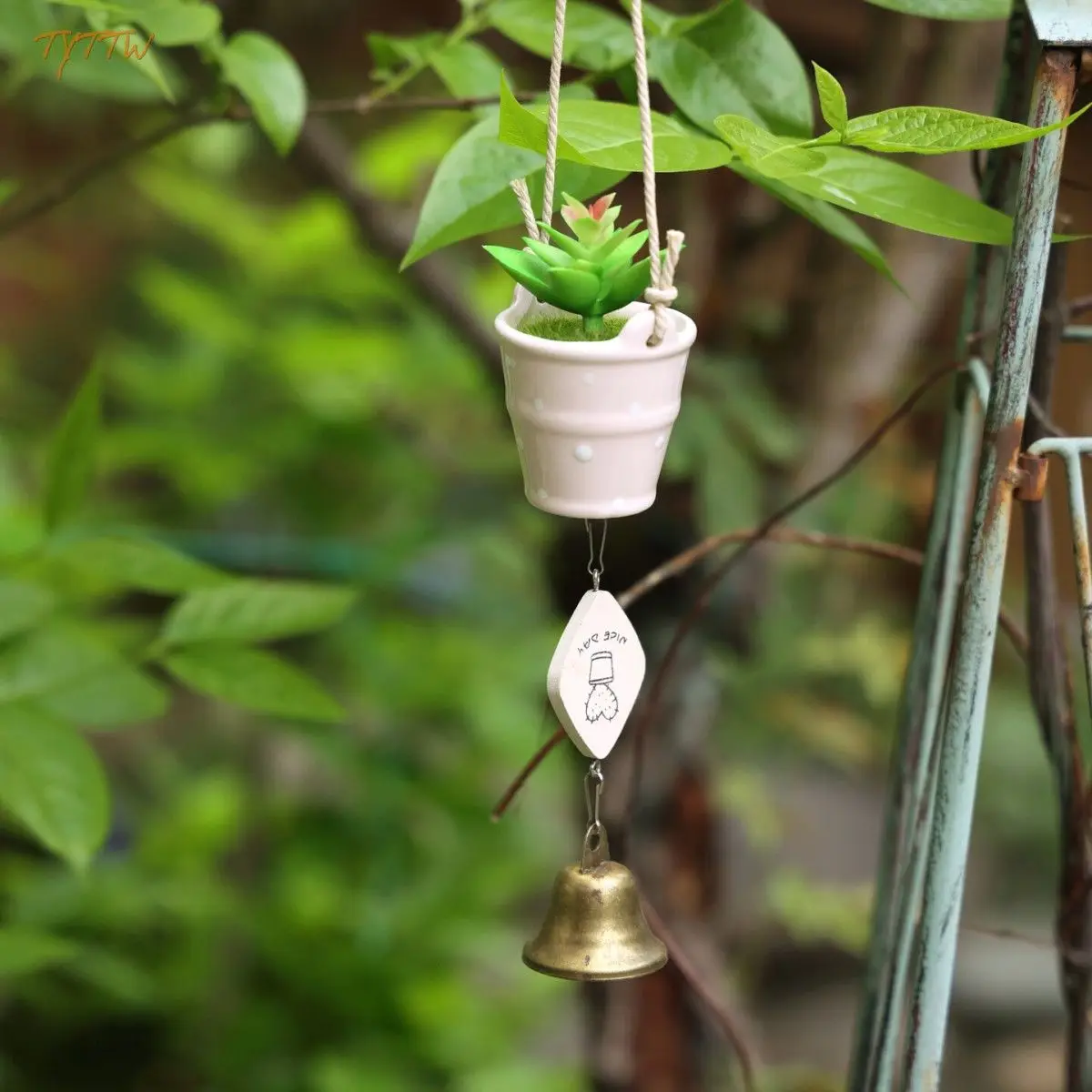 Japanese Creative Small Fresh Potted Plant Cartoon Wind Chimes Pendant Wooden Sign Bell Entrance Homestay Decoration