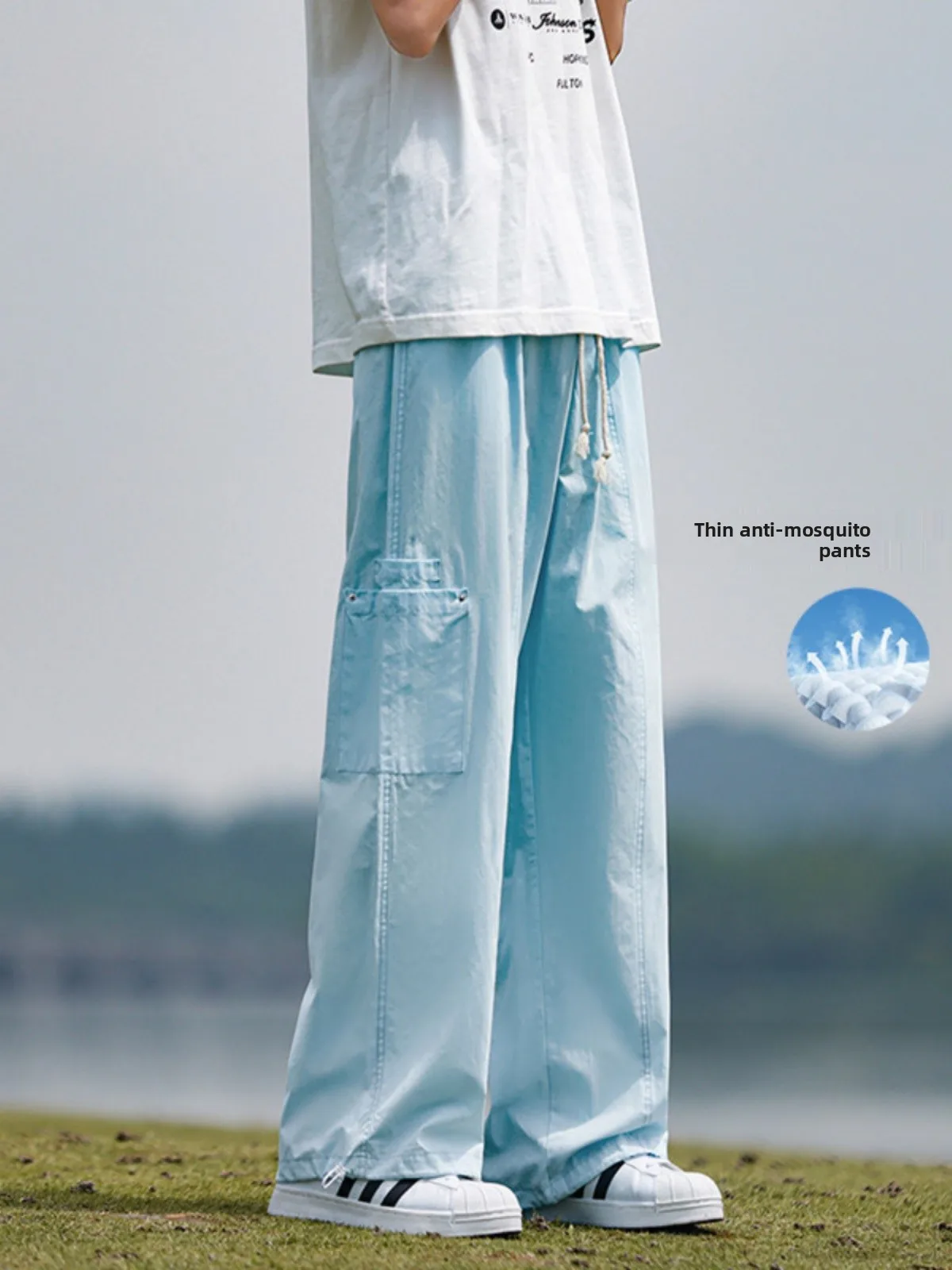 

Light Blue Men's Summer Thin Casual Ice Silk Work Pants Loose Mosquito Proof Straight Leg Long Trousers Faionable Japanese ...