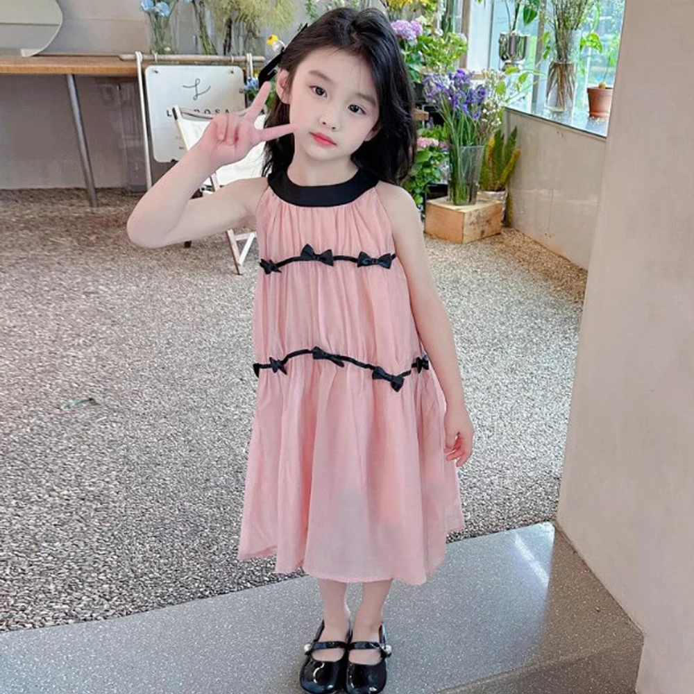 Mädchen Freizeitkleid Neue Mode Ärmelloses Plissiertes Kleid mit Schleife Strandurlaub Kleid Mädchen Vestidos Kinderkleidung
