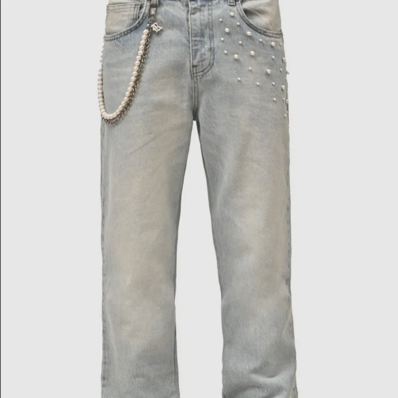 جينز رجالي مكدس باللؤلؤ الأمريكي القديم الجديد لعام 2025 بأرجل مستقيمة قابلة للتمدد من قماش الدنيم ملابس عصرية جديدة للرجال