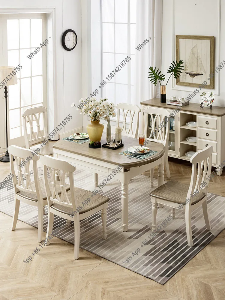 American pure solid wood dining table and chairs retractable folding deformable round oval jumping dining table