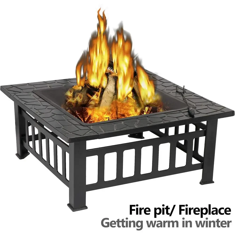 Durable 32 Square Outdoor Metal Fire Pit for Wood Burning with Waterproof Cover, Suitable for Patio and Garden