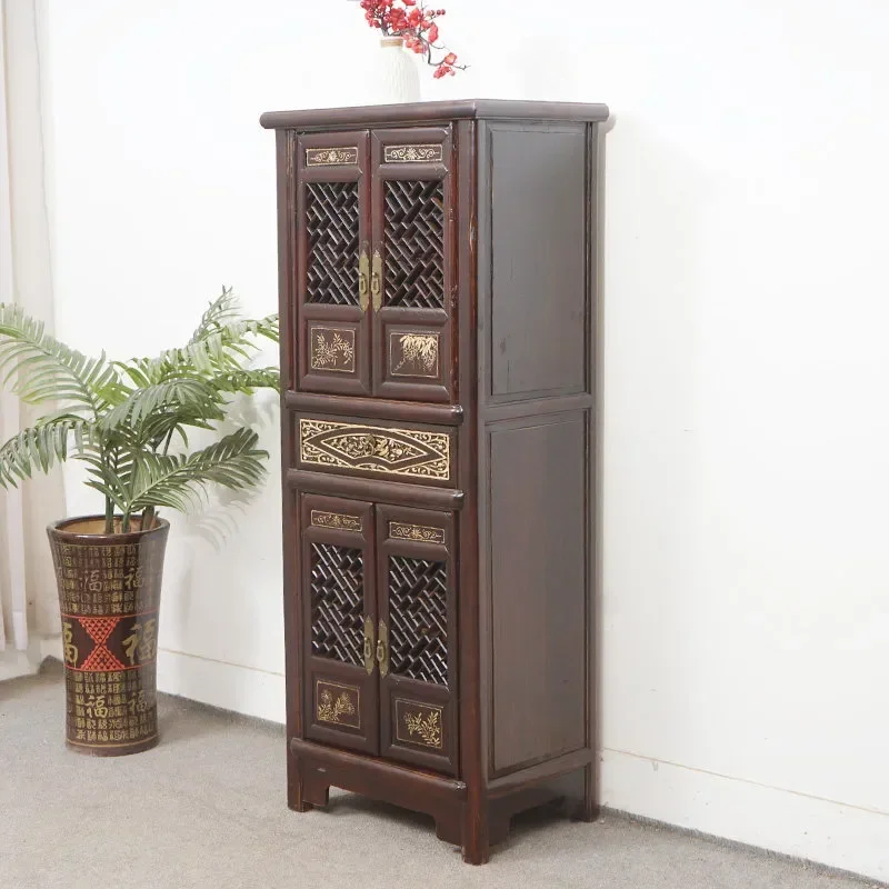 New Chinese Traditional Carved Solid Wood Bookcase Ming Qing Classical Living Room Storage Side Cabinet Vertical Retro Wine