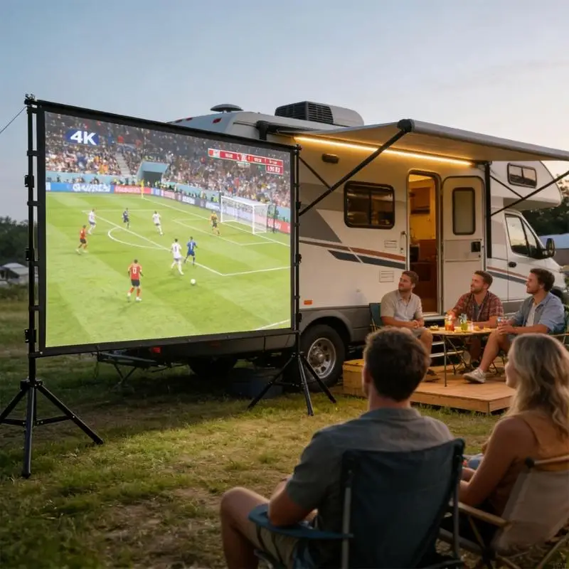Portable 16:9 Projection Screen For Outdoor Use With Wide Viewing Curtain
