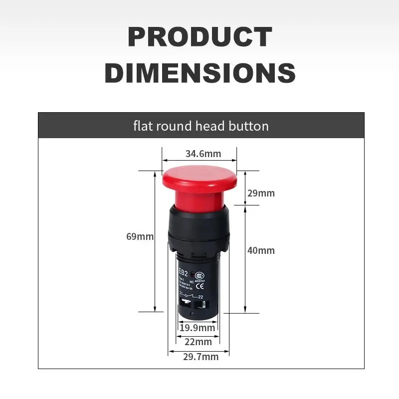 EB2 Red Green Mushroom Push Button Switch Self locking Momentary Switch On Off Big Start Stop Enter Button without Fixation 5A