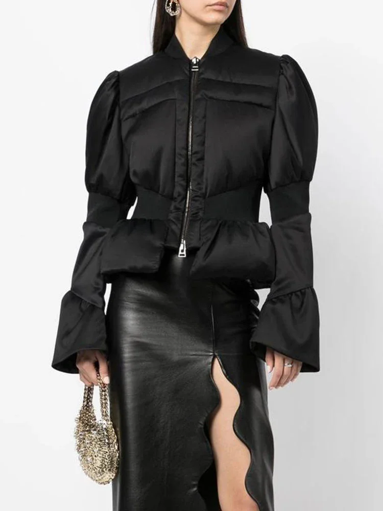 

STUDIO Knitted ort Cotton Jaet Women's Autumn Winter Warm Fce Zipper Closure Patchwork Slim Fit Cotton Coat