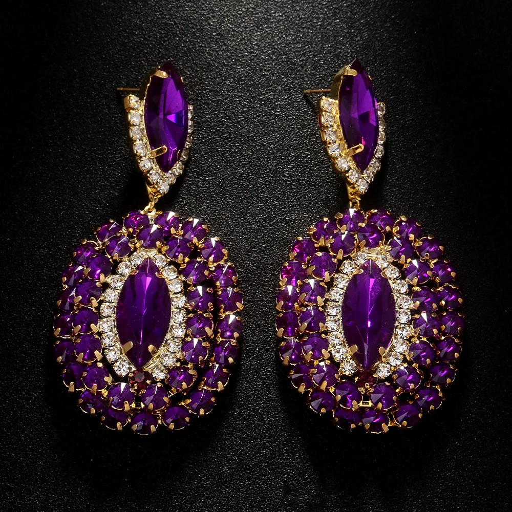 Stonefans Exquisite Purple Crystal Large Hanging Earrings for Women Statement Drag Queen Geometric Rhinestone Earrings Jewelry