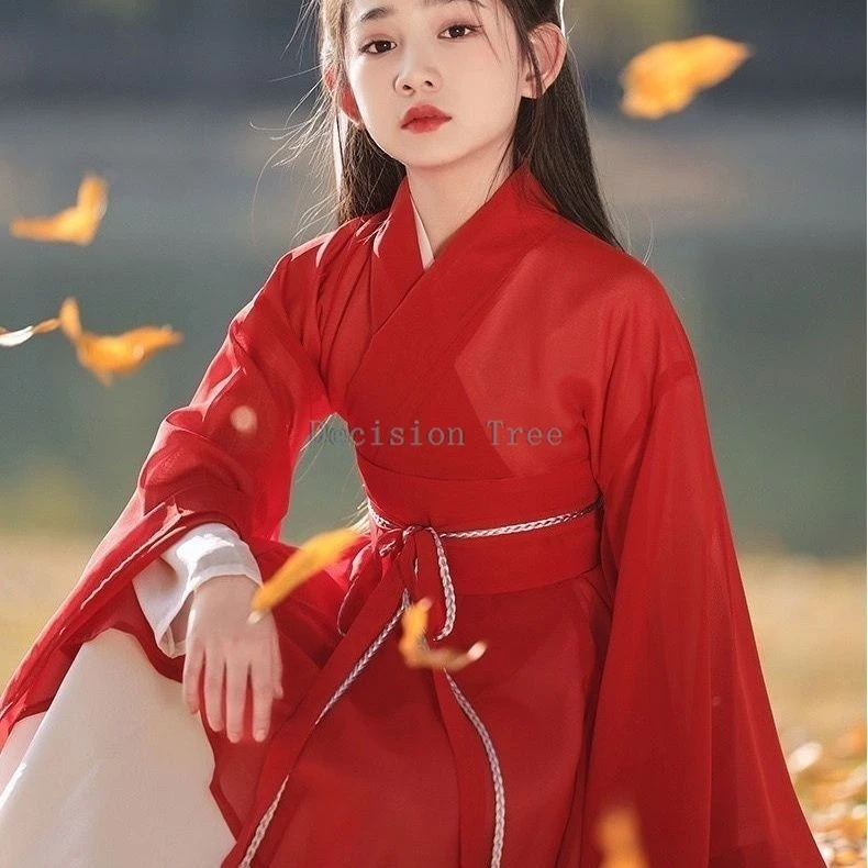 Hanfu rouge chinois ancien à grande manche, ensemble de danse traditionnelle féerique, pour la performance des enfants, nouvelle collection, 303, 2024