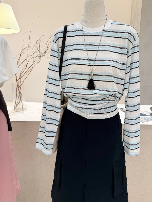 

plus Size Women's Striped Long Sleeve T-Shirt Breathable Lightweight Summer Casual Loose Fit Air Conditioning Top Polyester F...