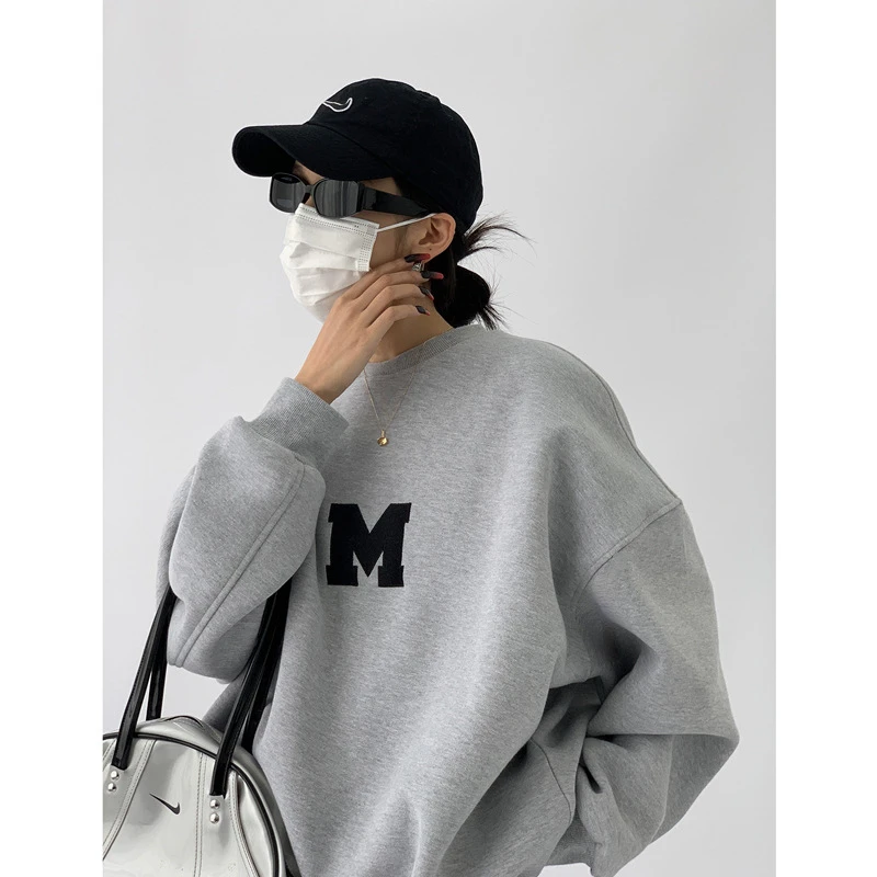 ZOUXO Fleece Sweatshirt Women 2023 Spring Autumn O-neck Pullovers New Fashion Loose Letter M Kpop Clothes