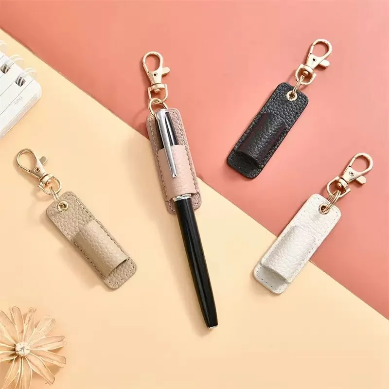 Portable Leather Pen Holder Keychain, Random Color, Clip‑on Pen Sleeve, Backpack Hanging Pouch for Ballpoint Pen Fountain Pen