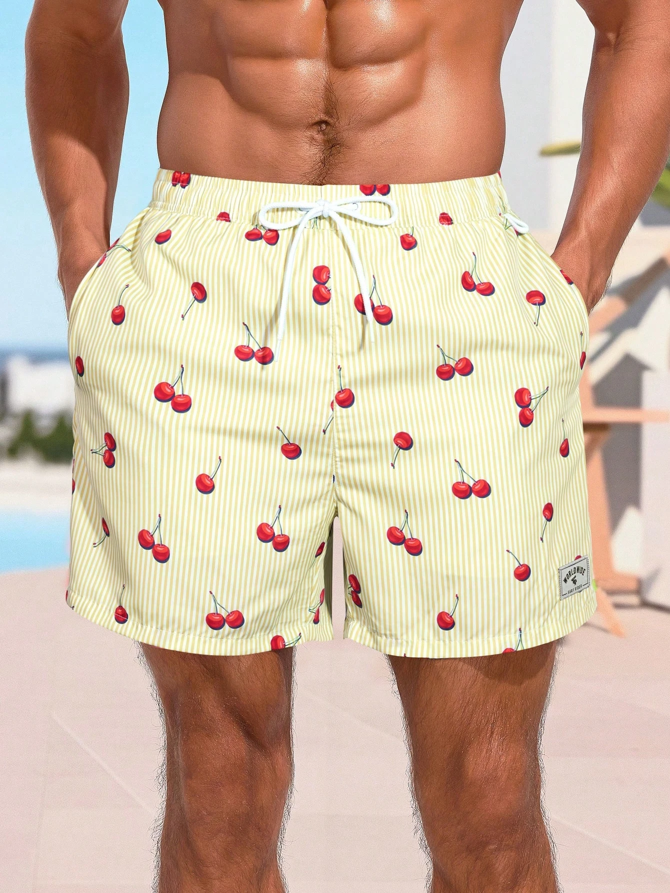 

Мужские плавки с 3D-принтом в виде вишневых полосок, уличные шорты в стиле хип-хоп, повседневные шорты для мужчин, летние плавательные шорты с завязками, повседневные шорты.