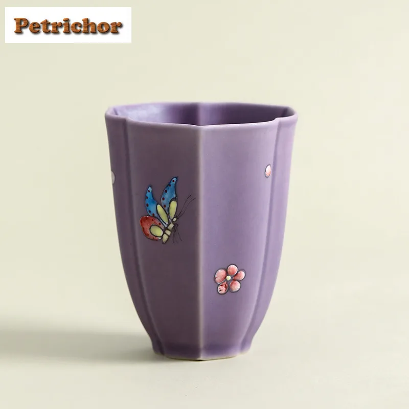 

90ml Hand-painted Butterfly And Flower Purple Teacup Antique Tea Bowl Jug Tea-tasting Smelling Cup Jianzhan Master Cups Cha Gift