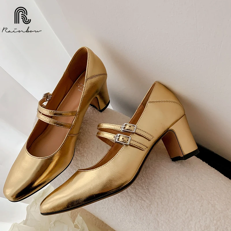 

RAINBOW 34-39 Cow Leather Metal Buckle Straps Thick High Heels Fashion Round Toe Mary Janes Gorgeous Women Pumps French Elegant