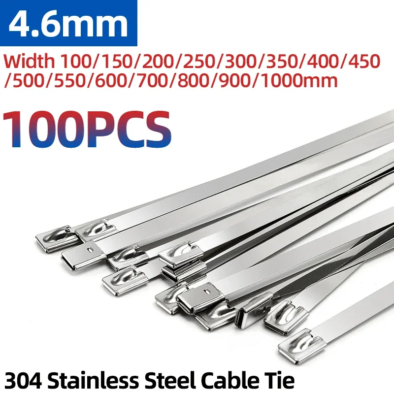 100pcs 304 Stainless Steel Metal Cable Ties 4.6mm Width100-1000mm Exhaust Wrap Coated Locking Ties Multi-Purpose