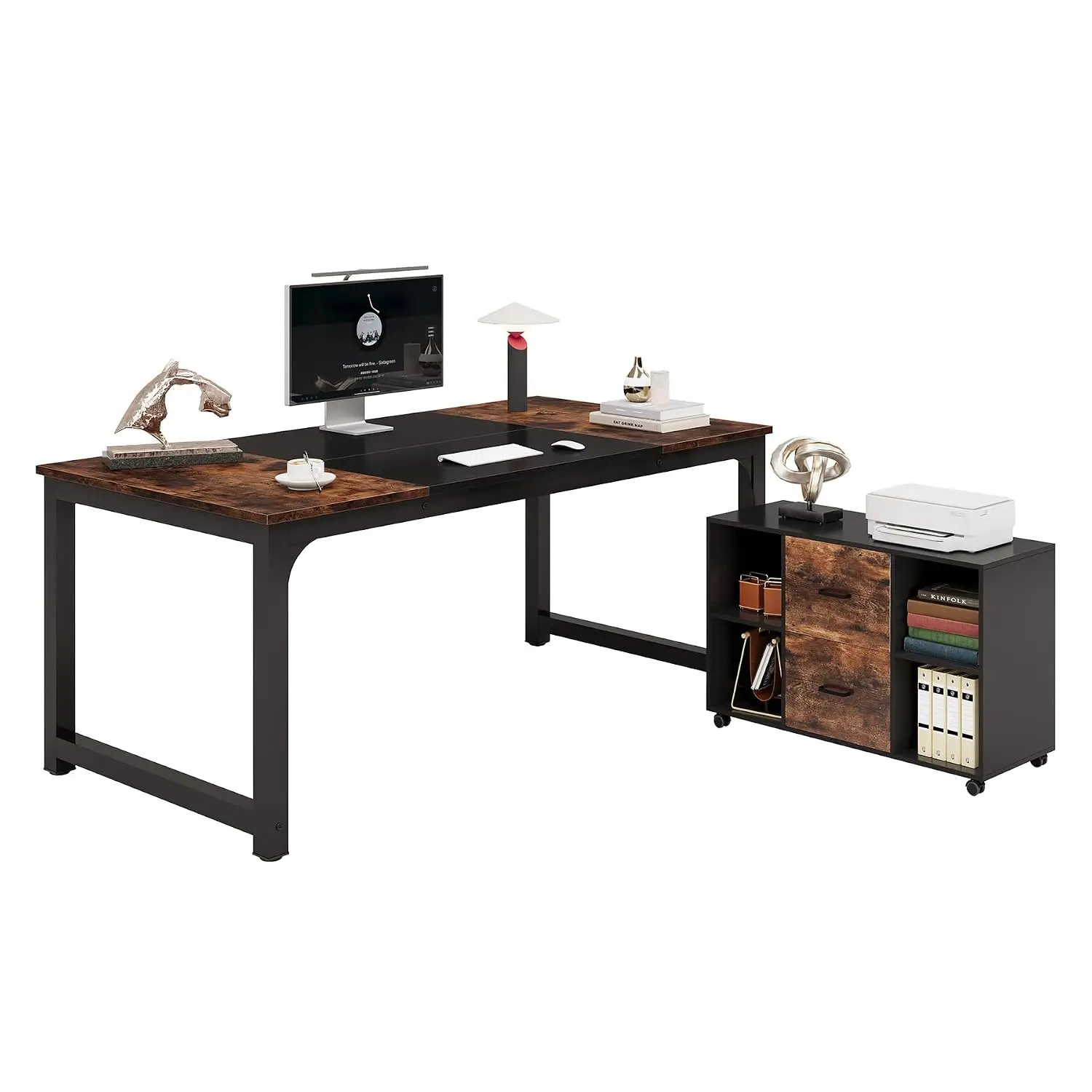 L-Shaped Desk with File Cabinet, Mobile Drawer Desk, Home Office Workstation, 63